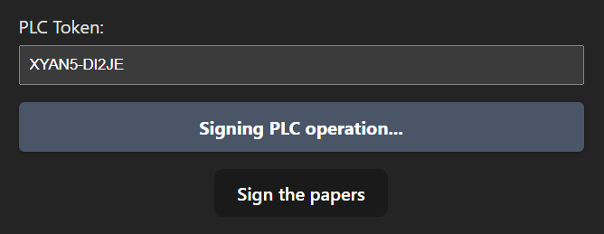 Uma barra de status descrevendo as ações sendo realizadas aparece entre o campo do PLC Token e o botão Sign the papers