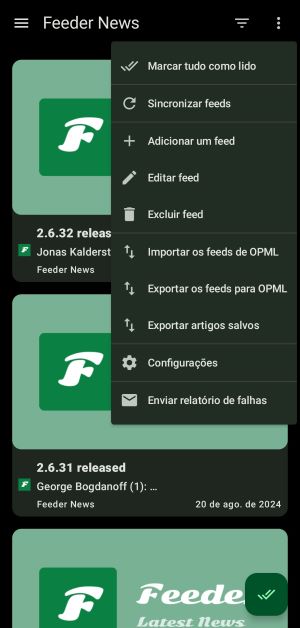 Tela do app Feeder no celular, mostrando o Feeder News de fundo de um menu aberto no canto superior direito.
