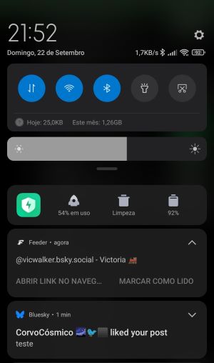 Print da central de notificações no Android, mostrando uma notificação do Feeder sobre a conta VicWalker no Bluesky, e uma notificação do Bluesky de um like no post de teste, com apenas 1 minuto de diferença entre as notificações.