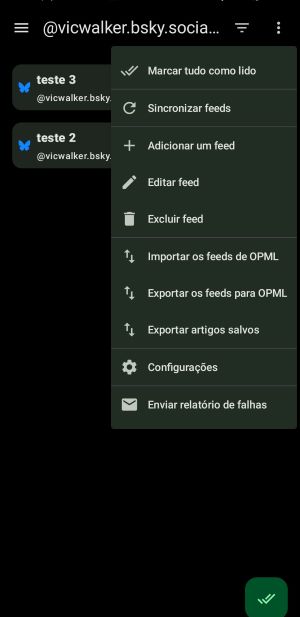 Tela do app Feeder no celular, mostrando o Feed da conta VicWalker do Bluesky de fundo de um menu aberto no canto superior direito.