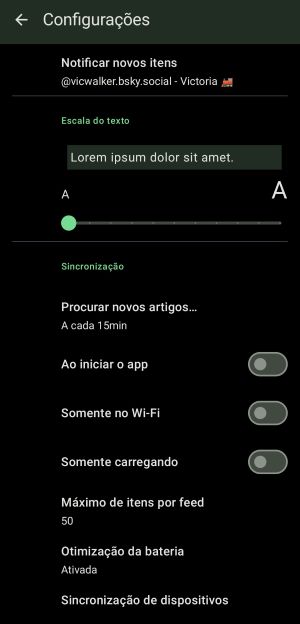 Tela do app Feeder no celular na tela de Configurações.