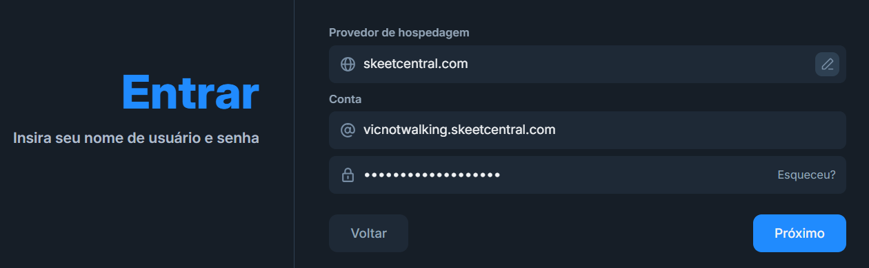 Tela de login do Bluesky.
Na esquerda escrito: Entrar. Insira seu nome de usuário e senha.
Na direita, campo Provedor de hospedagem escrito skeetcentral.com. Campos da Conta preenchidos com vicnotwalking.skeetcentral.com e senha.
Botões Voltar e Próximo.