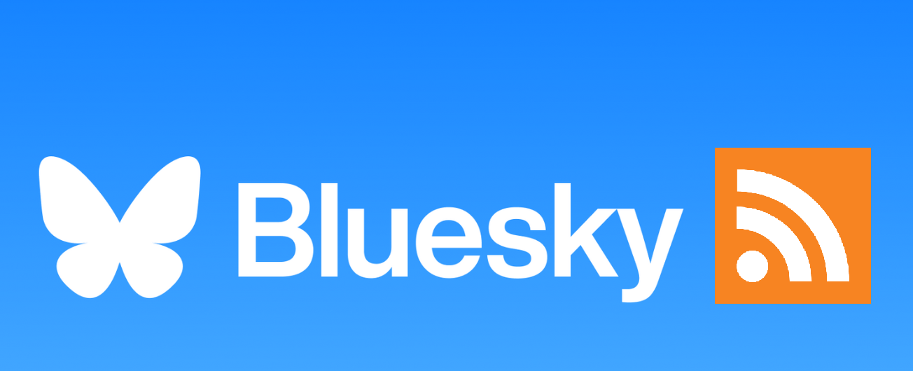 Imagem azul, da esquerda para direita: borboleta logo do Bluesky, Bluesky escrito em branco, logo laranja de RSS.