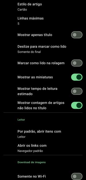 Tela do app Feeder no celular na tela de Configurações.